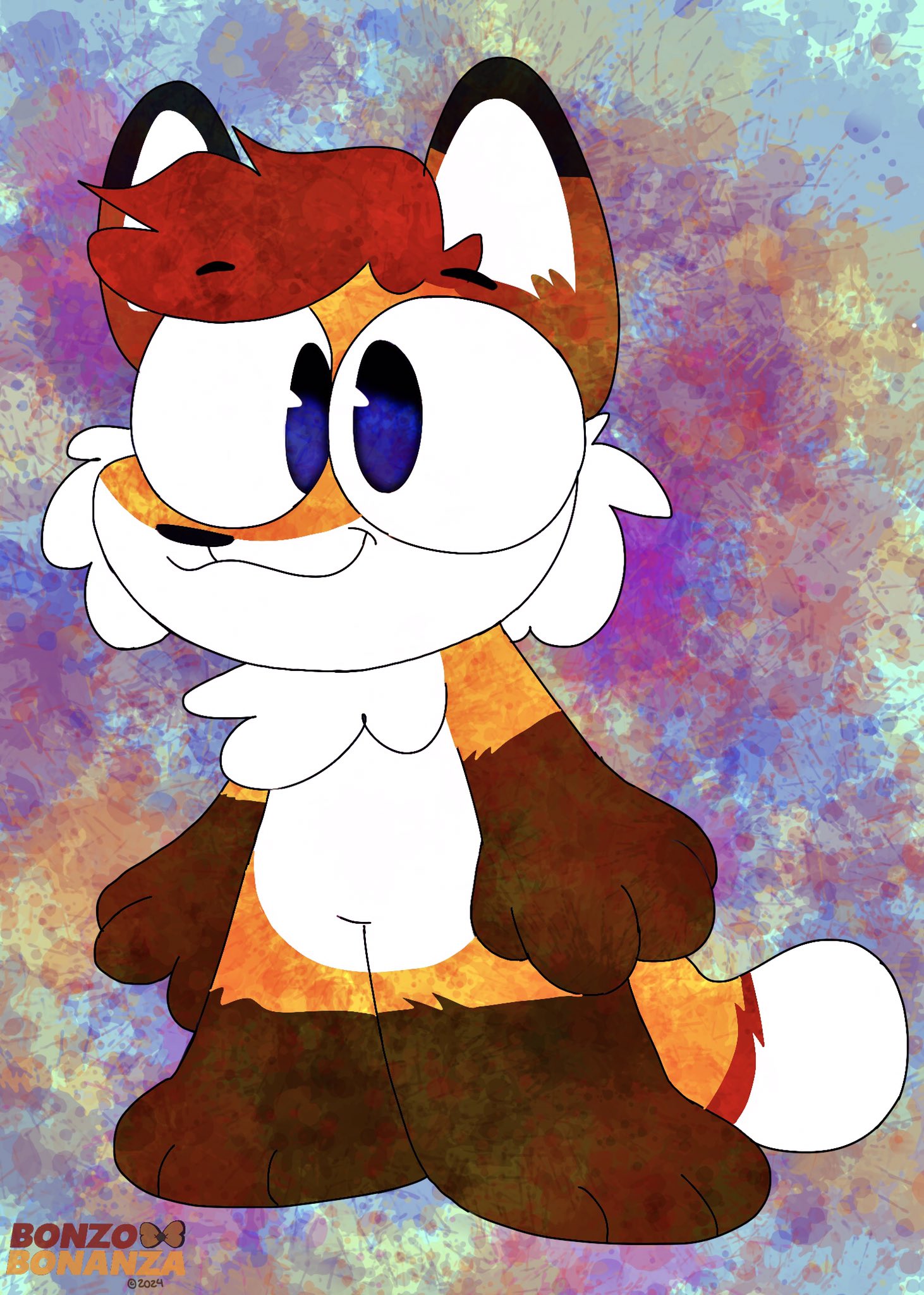 Artwork depicting Colto Fox (orange, white, brown and red fox with blue eyes) drawn in a cute chibi style with big eyes and watercolour painting with a colour splash background.
