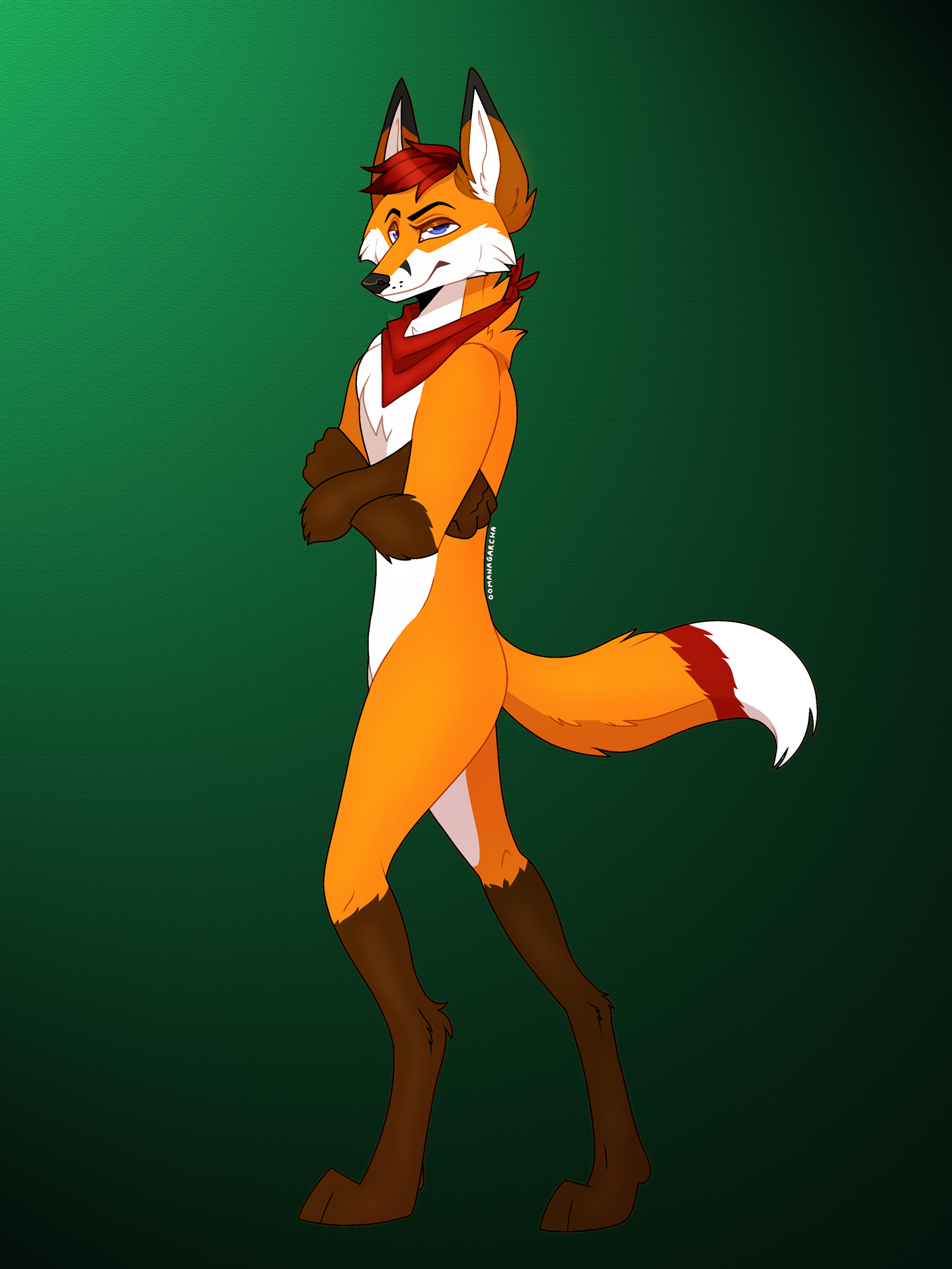 Colto Fox, a tall European red fox, standing tall with his arms crossed wearing a red bandana.

There is a green gradient background with light coming from the top left corner.