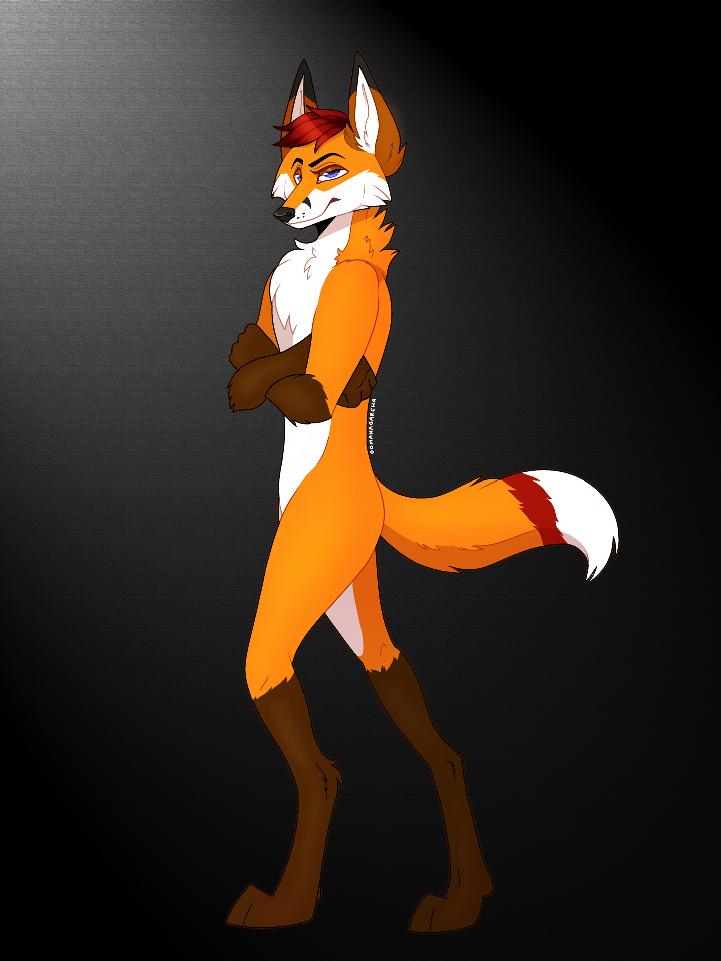 Colto Fox, a tall orange European red fox, standing tall with his arms crossed. He has a sly smirk on his face and is wearing no clothes.

There is a dark gradient background with light shining from the top-left to the bottom-right.