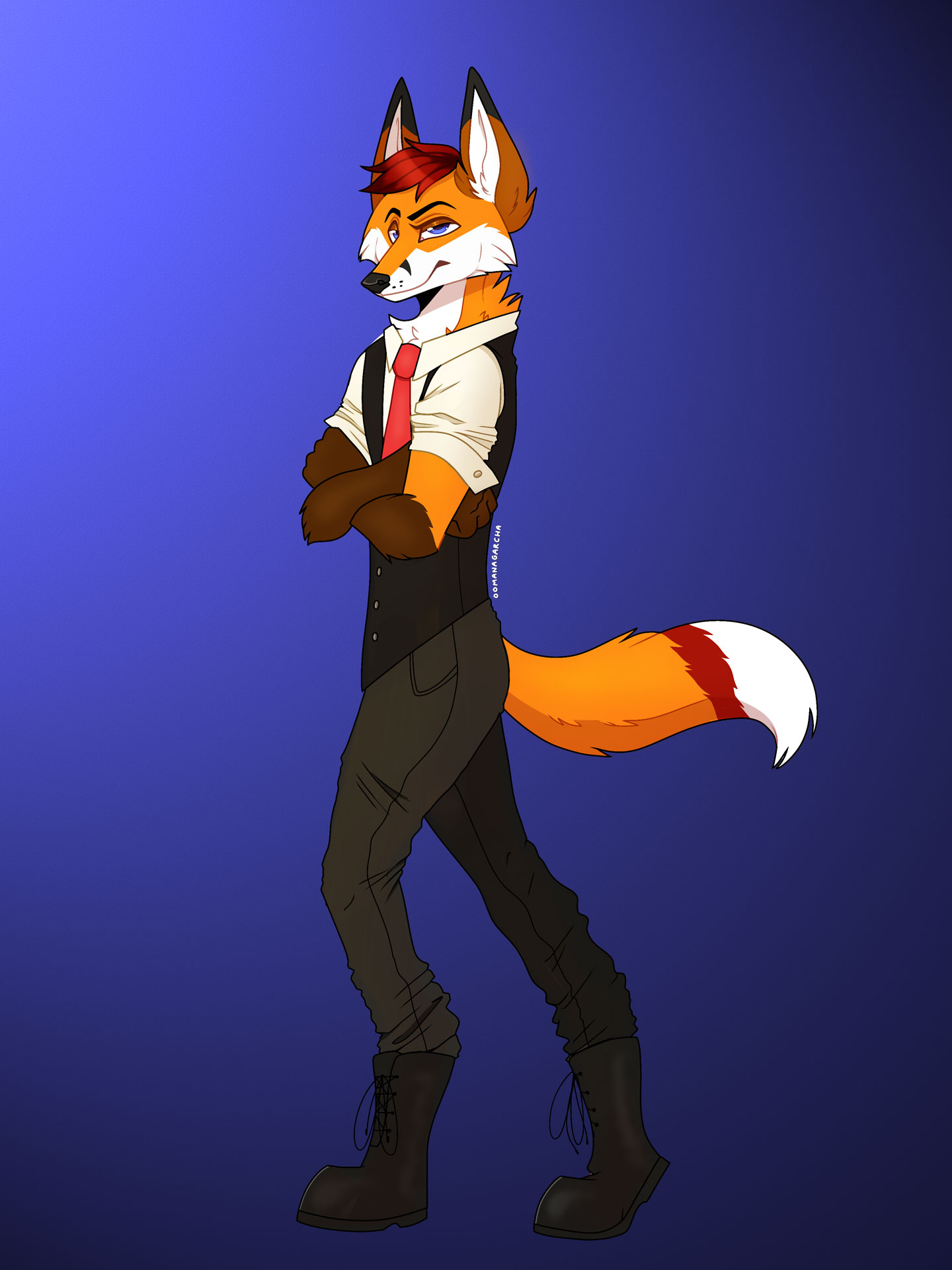Colto Fox, a tall European red fox, standing tall with his arms crossed wearing a dark grey vest, a bright red tie, and a white shirt.

There is a blue gradient background with light coming from the top left corner.