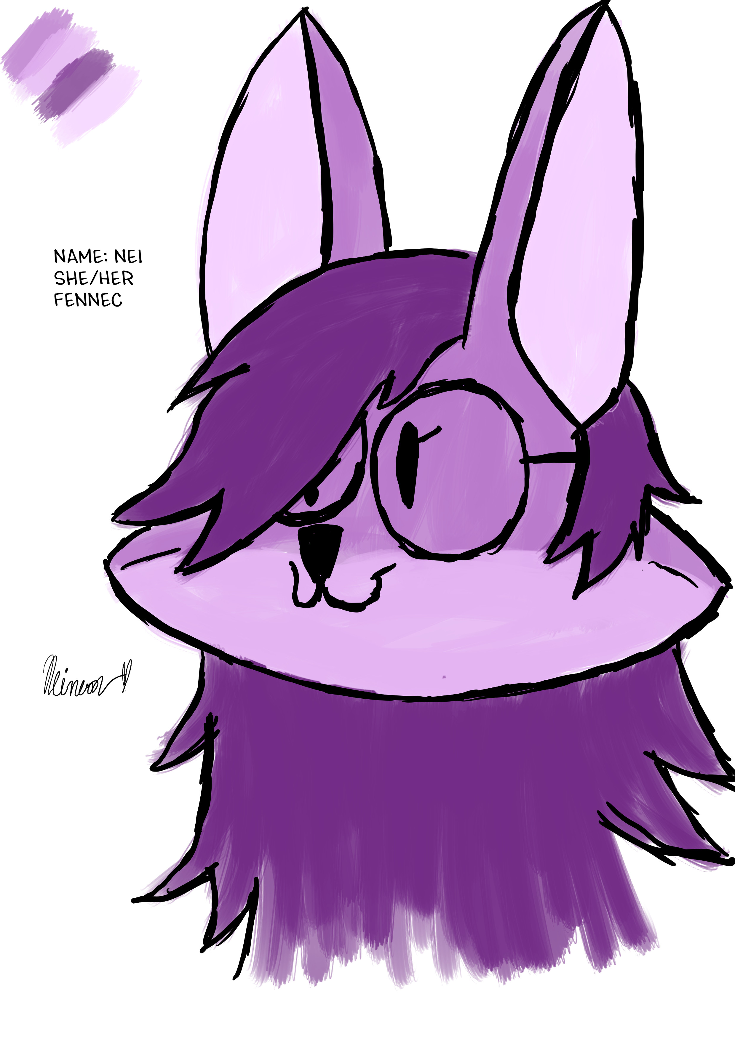 my fursona a fennec with lavender fur and purple hair with glasses

Name: Nei
Pronouns She/Her
Species: Fennec

this is just her head right now, I haven't designed her body