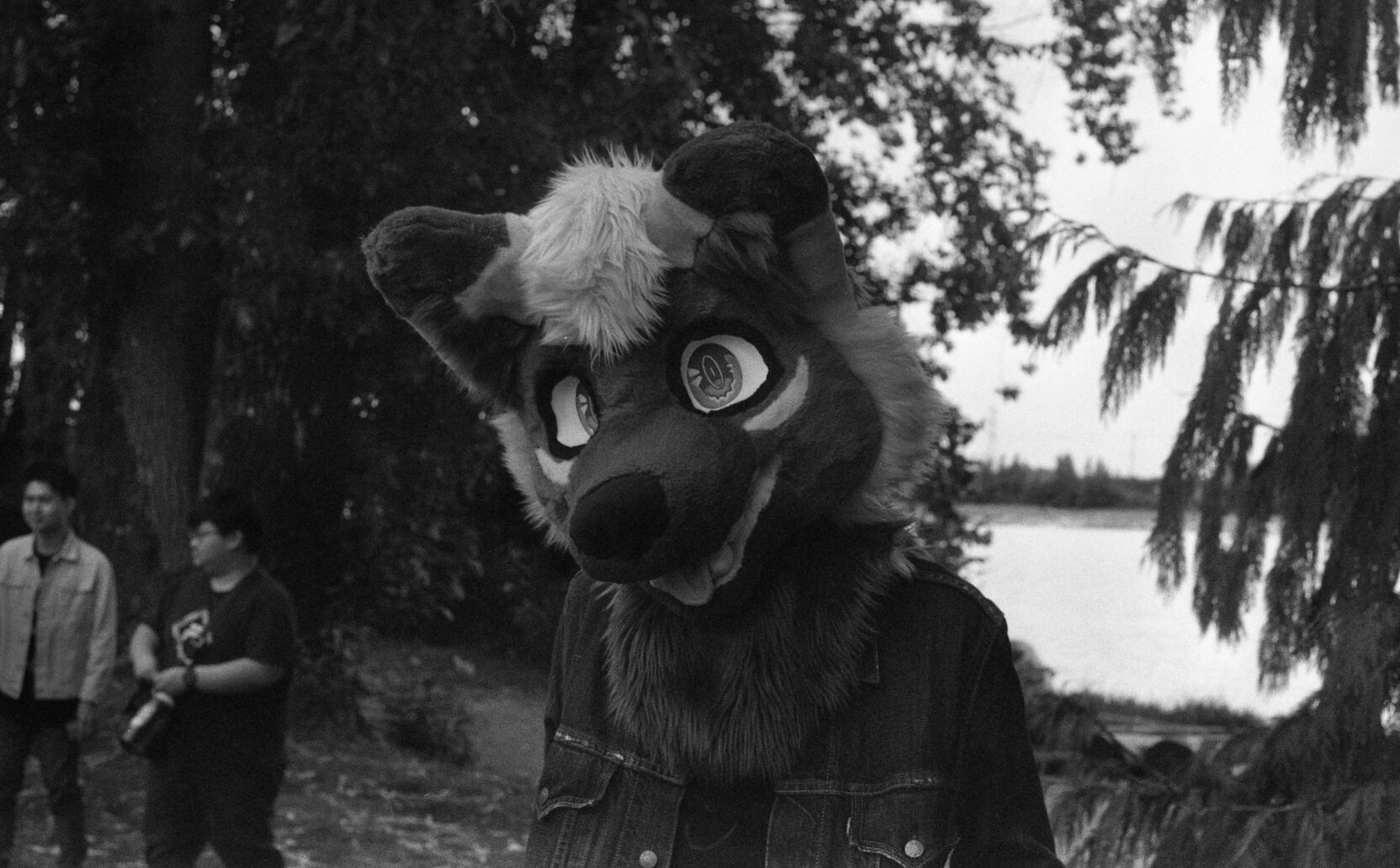 A black and white photo of a fox fursuiter. There are some trees and a river behind.